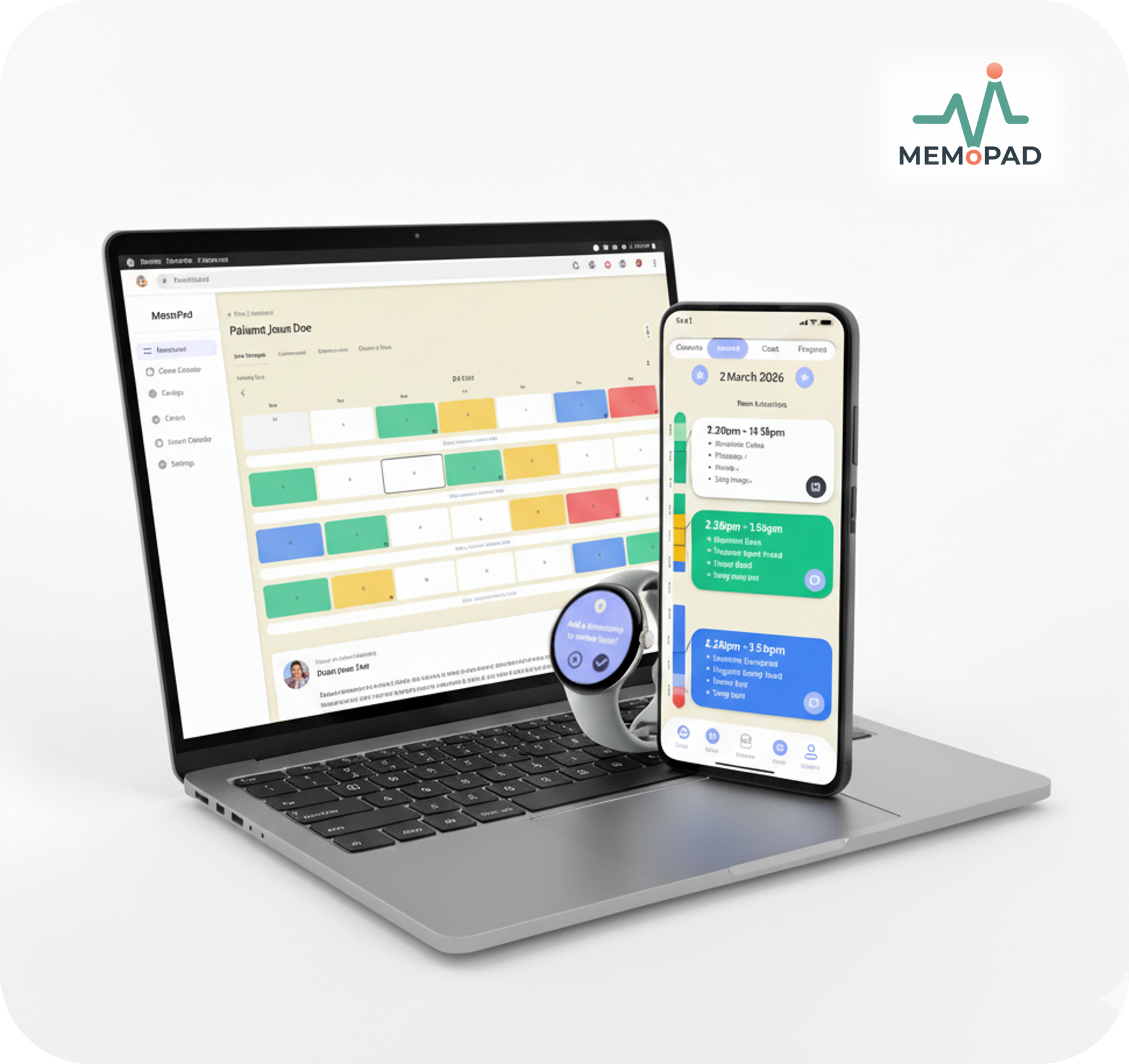 MEMoPAD ecosystem showing clinical web dashboard, personal mobile app, and Google Pixel Watch 2 integration